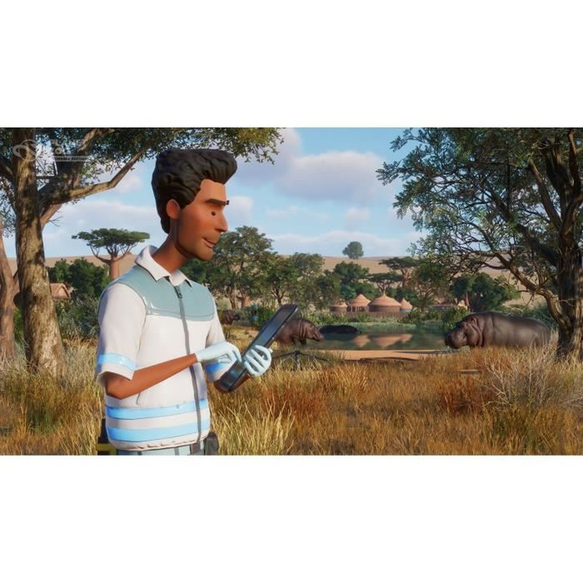 Un uomo con un tablet si trova in un paesaggio di savana con ippopotami e capanne.