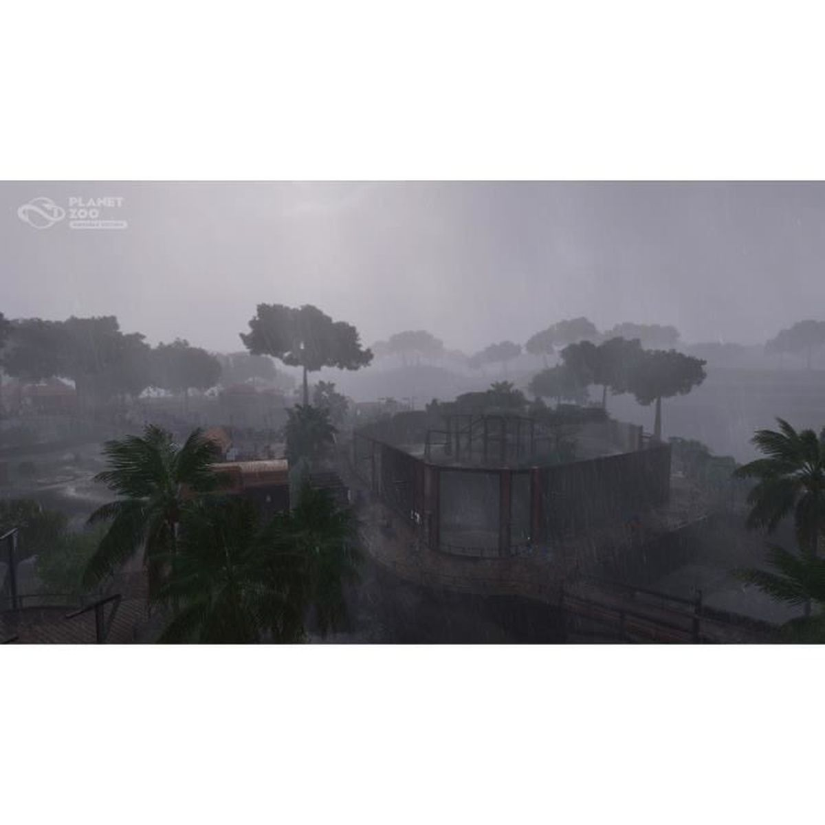 Una scena nebbiosa di Planet Zoo con pioggia, alberi ed edifici.
