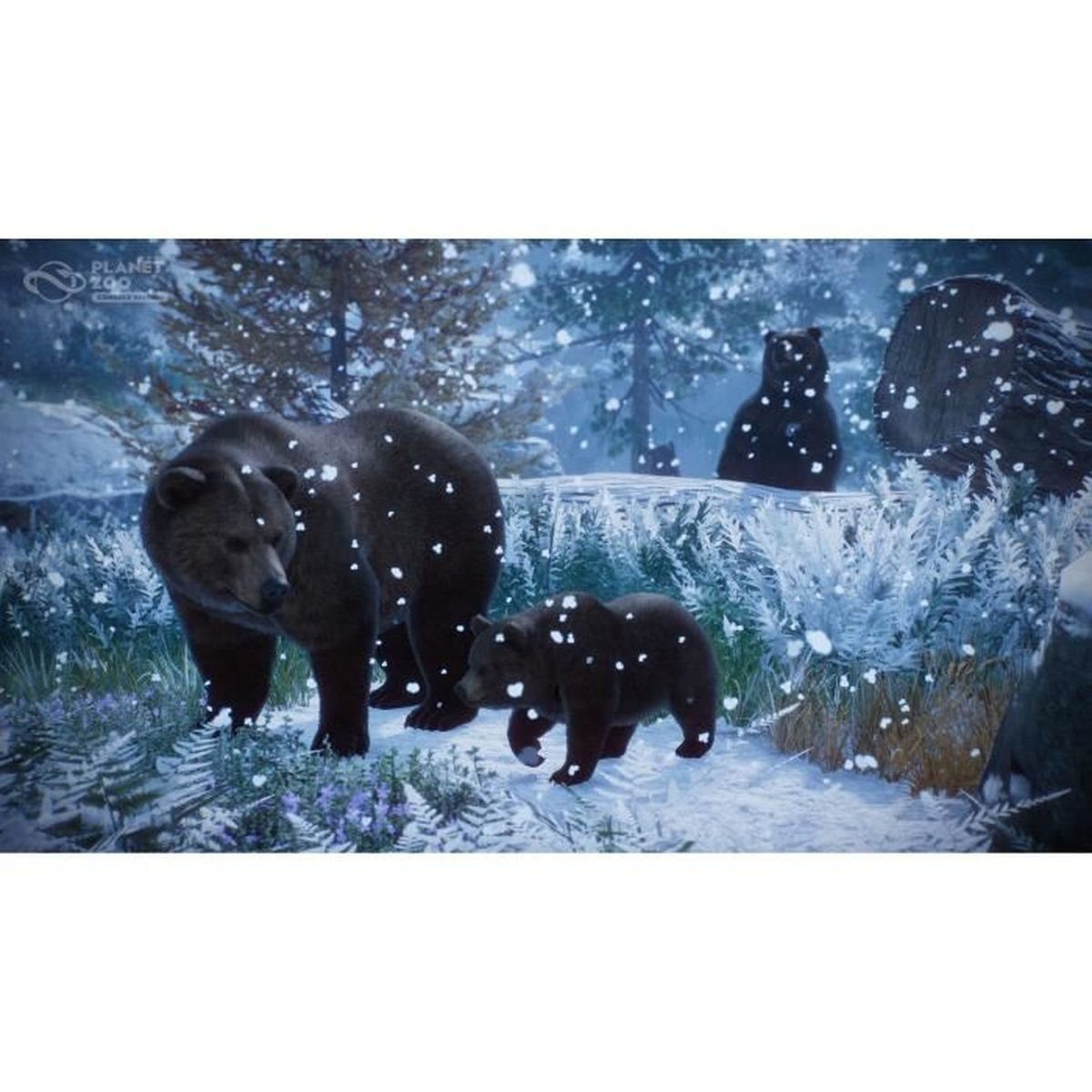 Un orso e un cucciolo in un paesaggio innevato con alberi sullo sfondo.