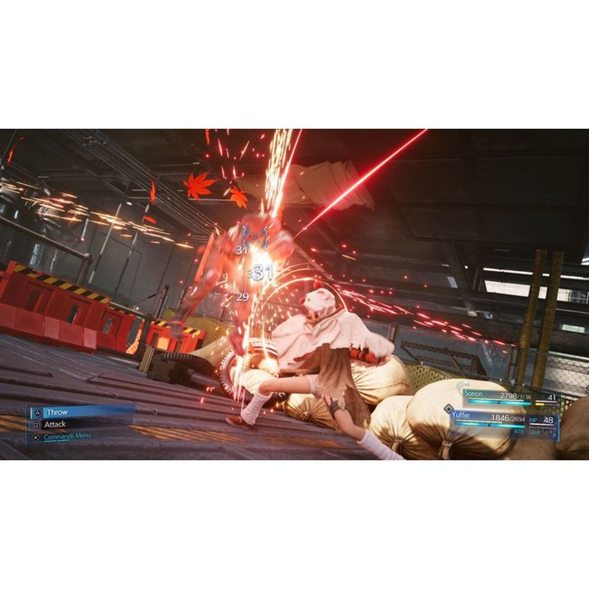 Dwóch bohaterów walczy; jeden w bieli, drugi w czerwonej zbroi, z iskrami.