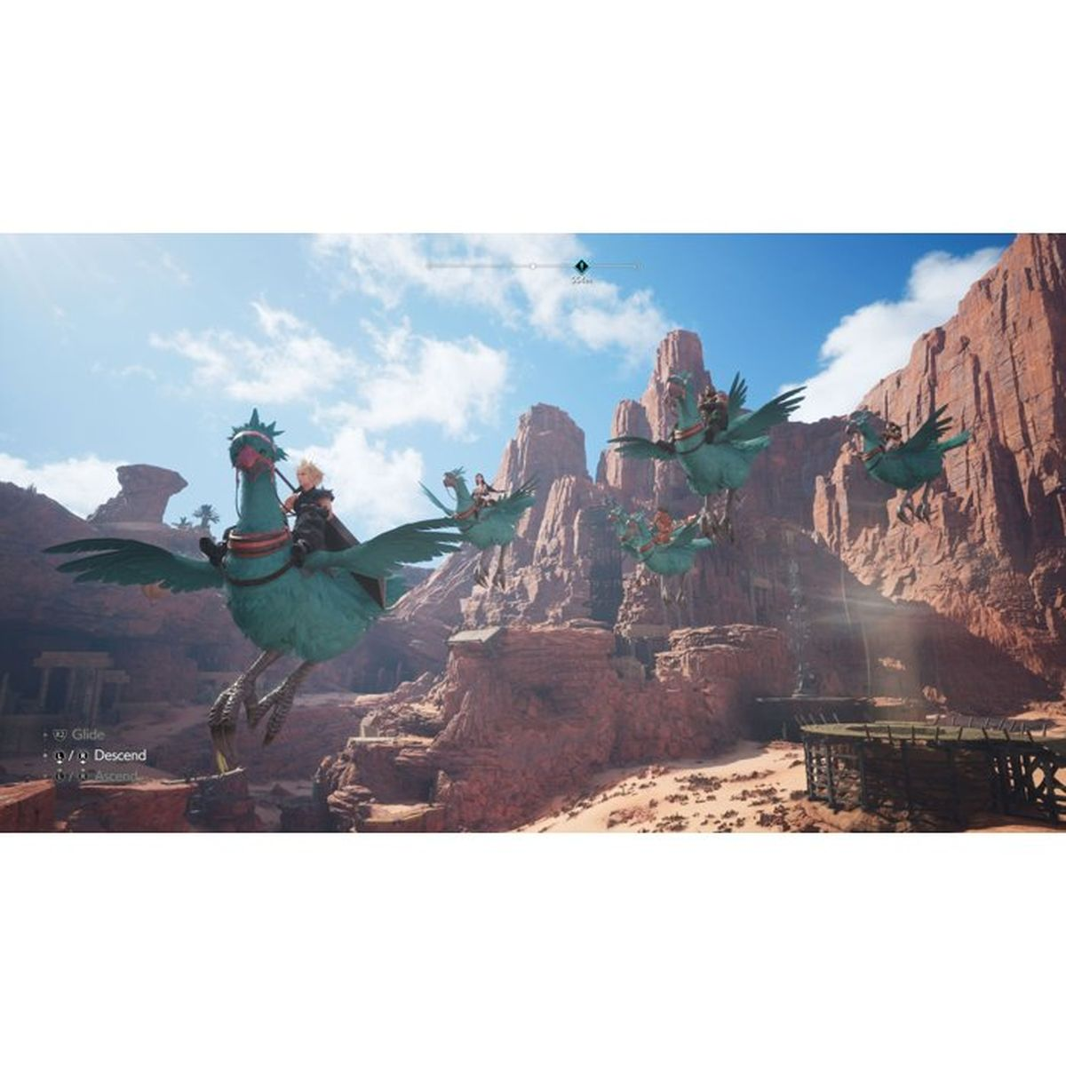 Postacie jadą na turkusowych ptakach przez pustynny krajobraz z czerwonymi skałami.