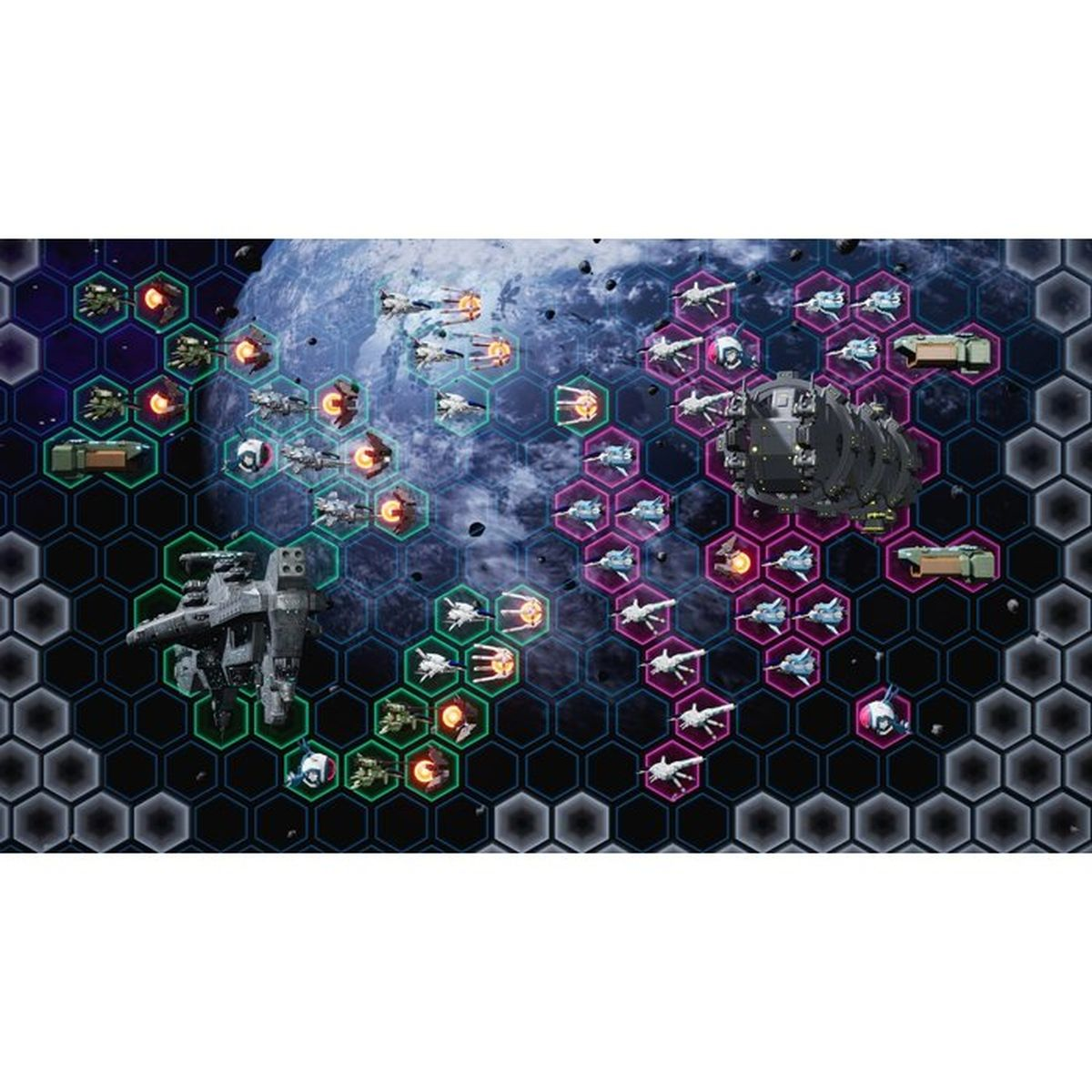 Scena di battaglia di flotte spaziali con tabellone esagonale e astronavi.