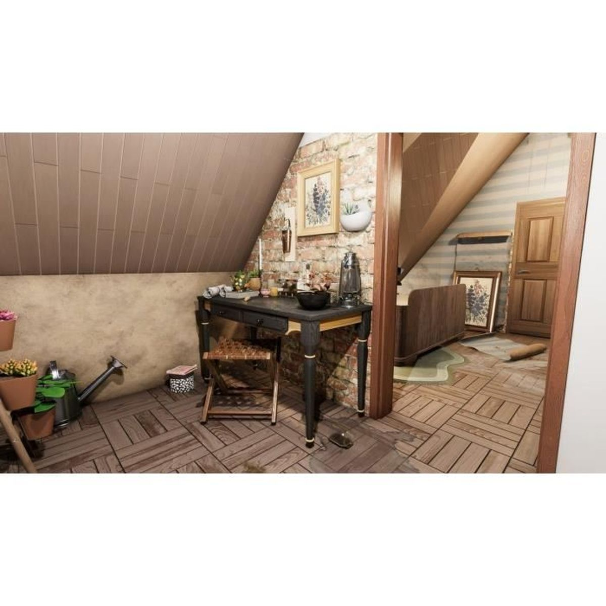 Soffitta con pavimento in legno, scrivania, letto e piante.