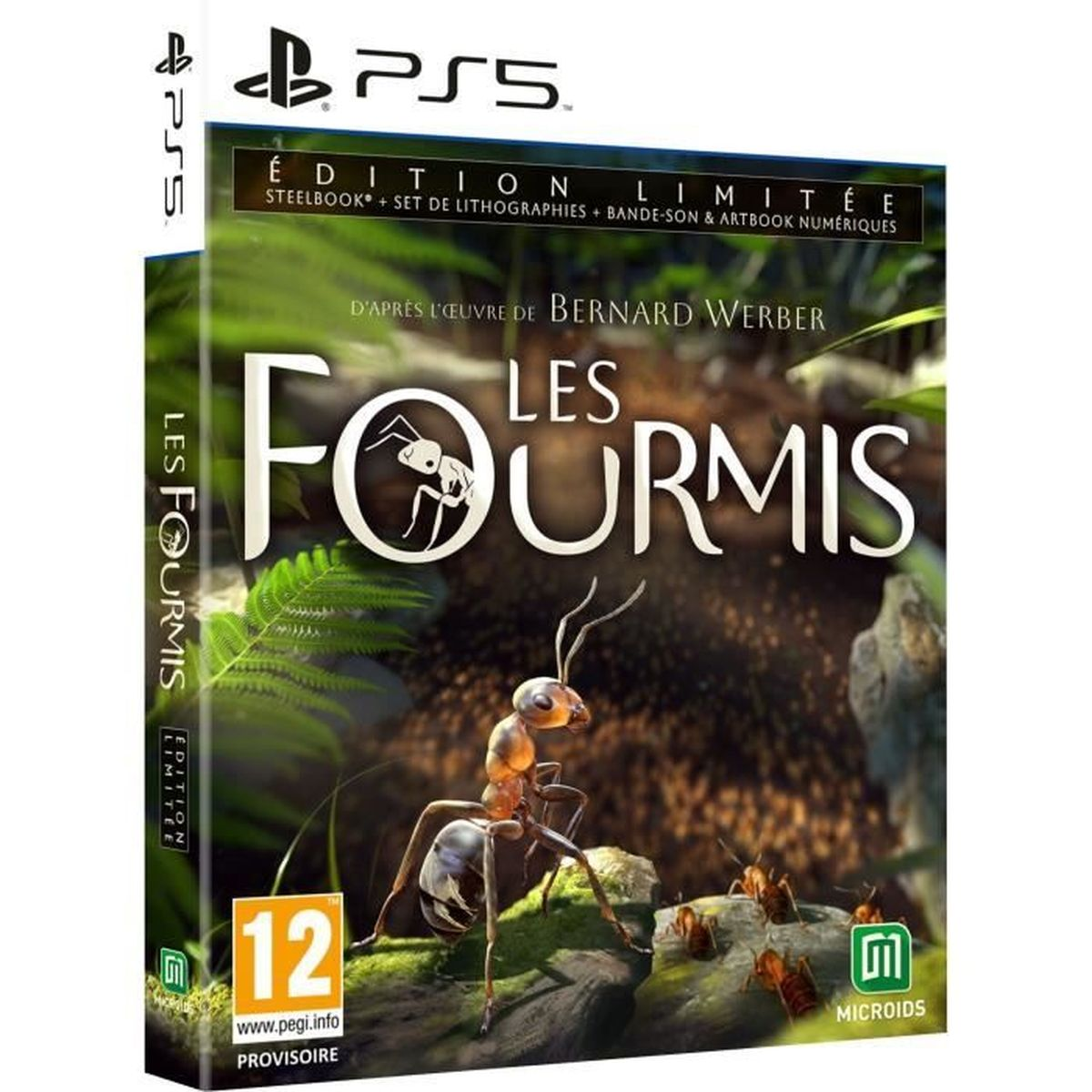 Copertina PS5 'Les Fourmis' con formica in primo piano, PEGI 12.