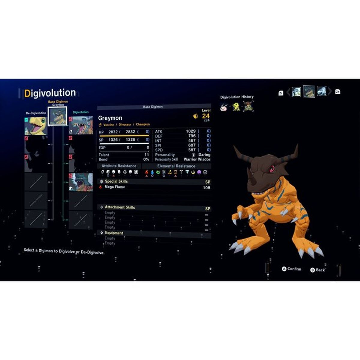 Viene mostrato un Digimon Greymon con corpo giallo-arancio e corna.