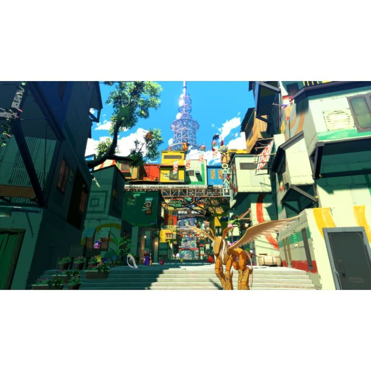 Una creatura alata sta su una scala in una città colorata con una torre sullo sfondo.
