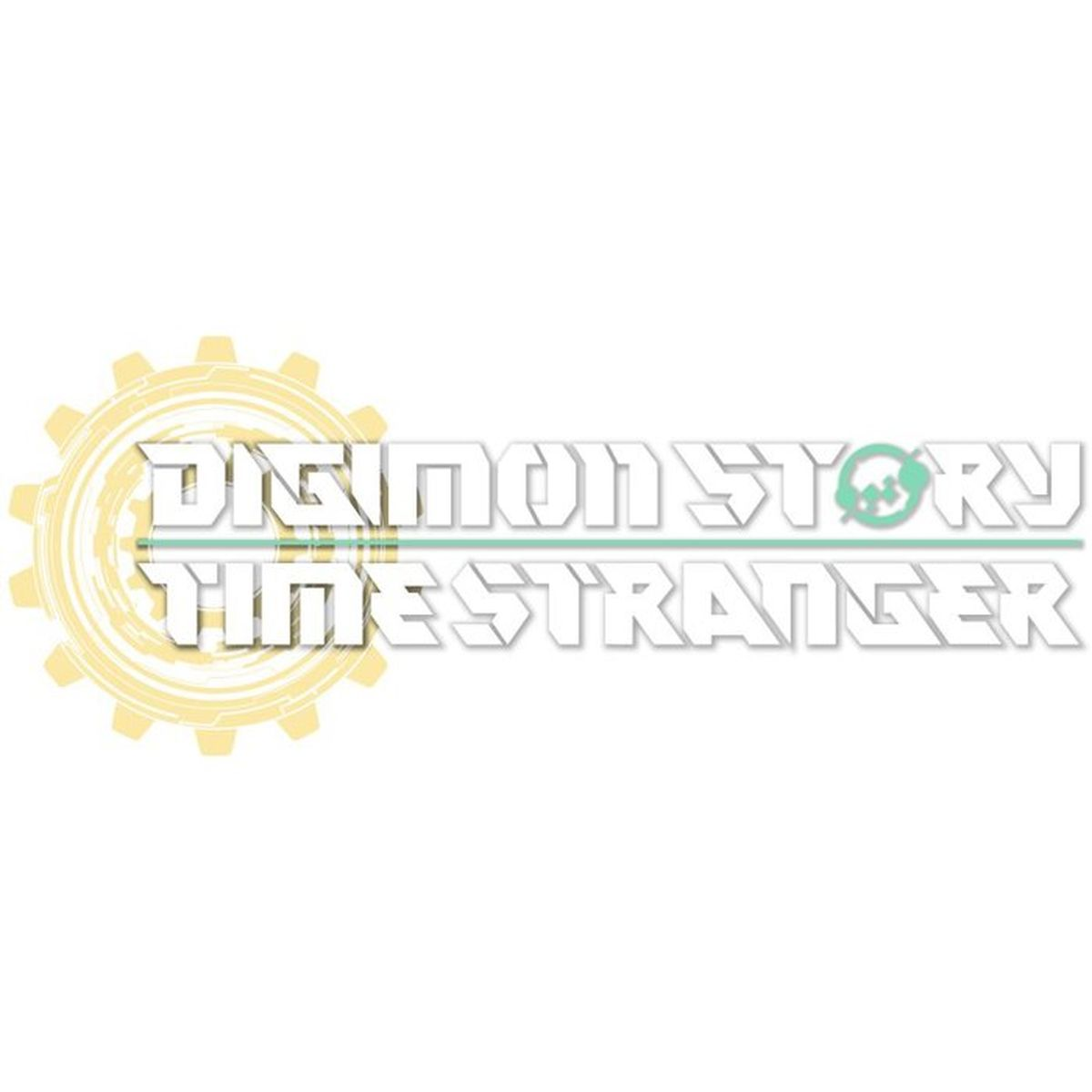 Logo Digimon Story: Time Stranger con icona a ingranaggio e testo bianco.