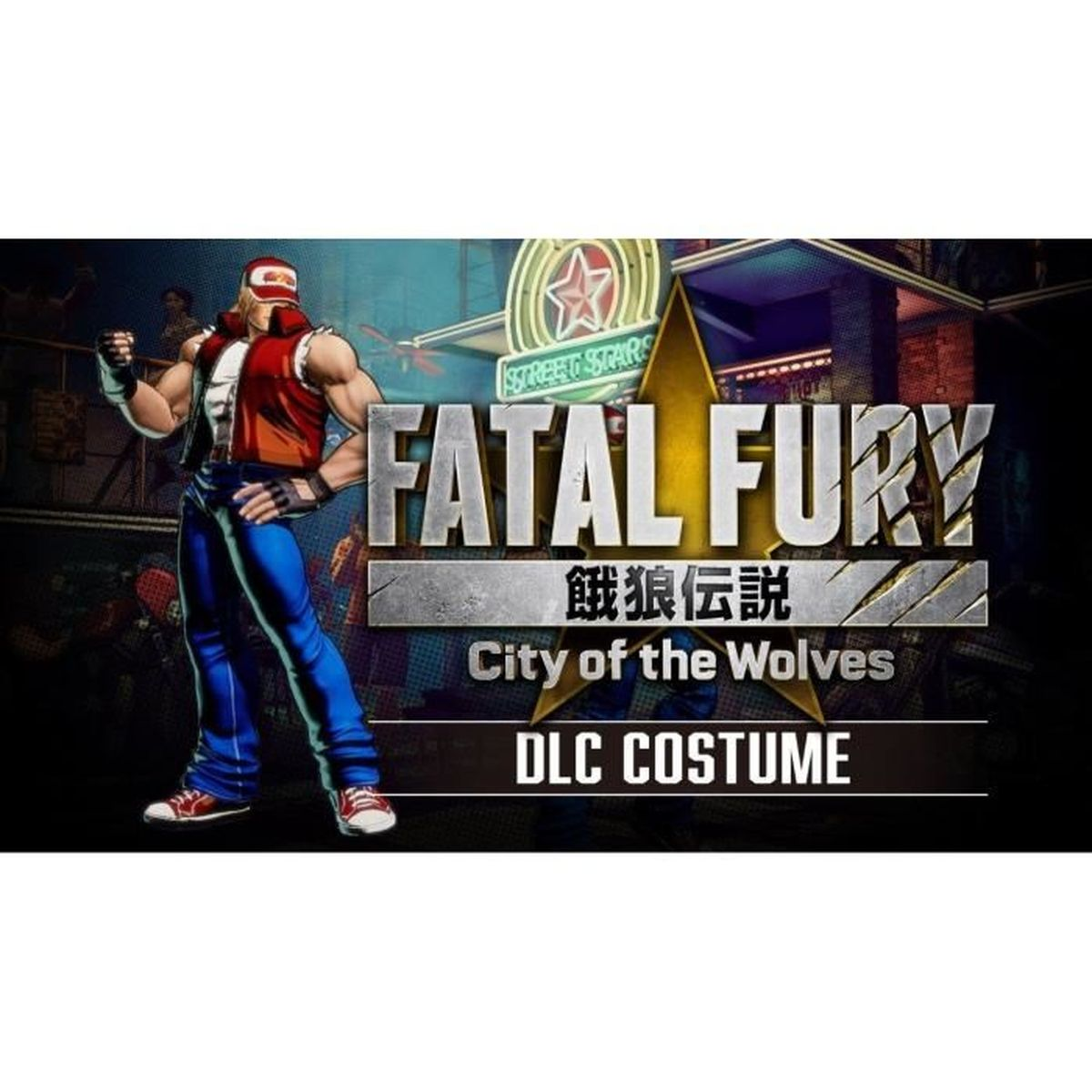 Costume DLC Fatal Fury: City of the Wolves con Terry Bogard in gilet rosso e pantaloni blu.