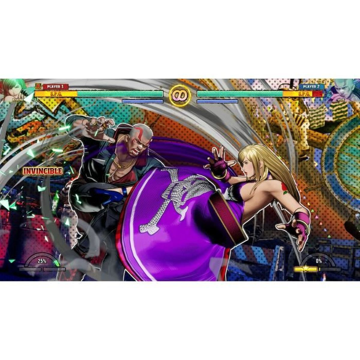 Un uomo calvo e una donna bionda combattono in un videogioco. Mantello viola.