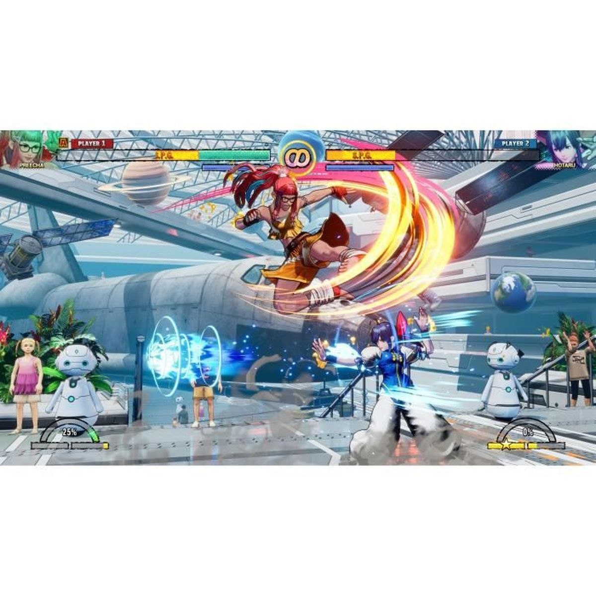 Gioco di combattimento anime: donna in giallo attacca donna in blu; robot e bambini intorno.
