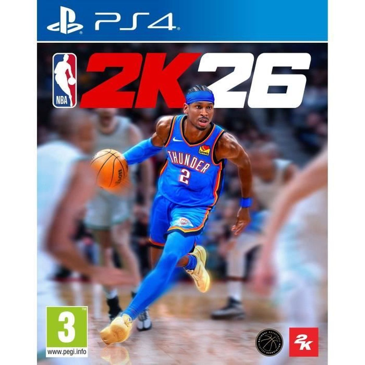 Copertina gioco NBA 2K26 con giocatore in maglia blu, palleggia.
