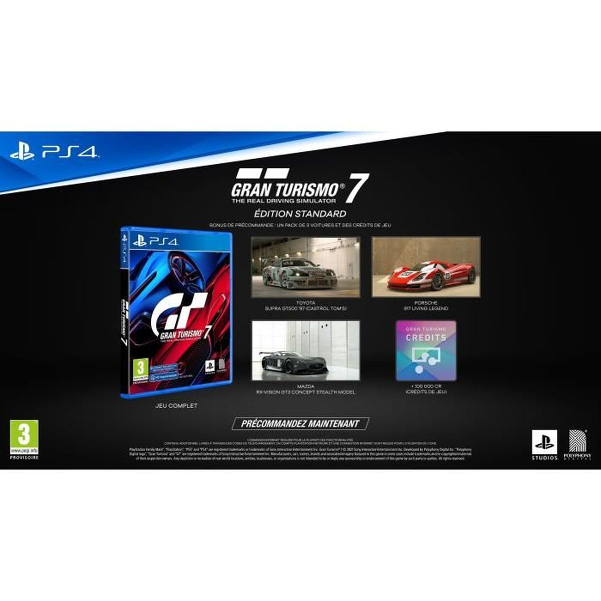 Confezione gioco Gran Turismo 7 PS4 con auto e crediti come bonus preordine.