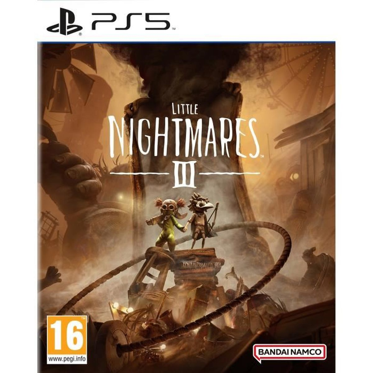 Copertina del gioco Little Nightmares III con due personaggi, logo PS5 e rating 16.