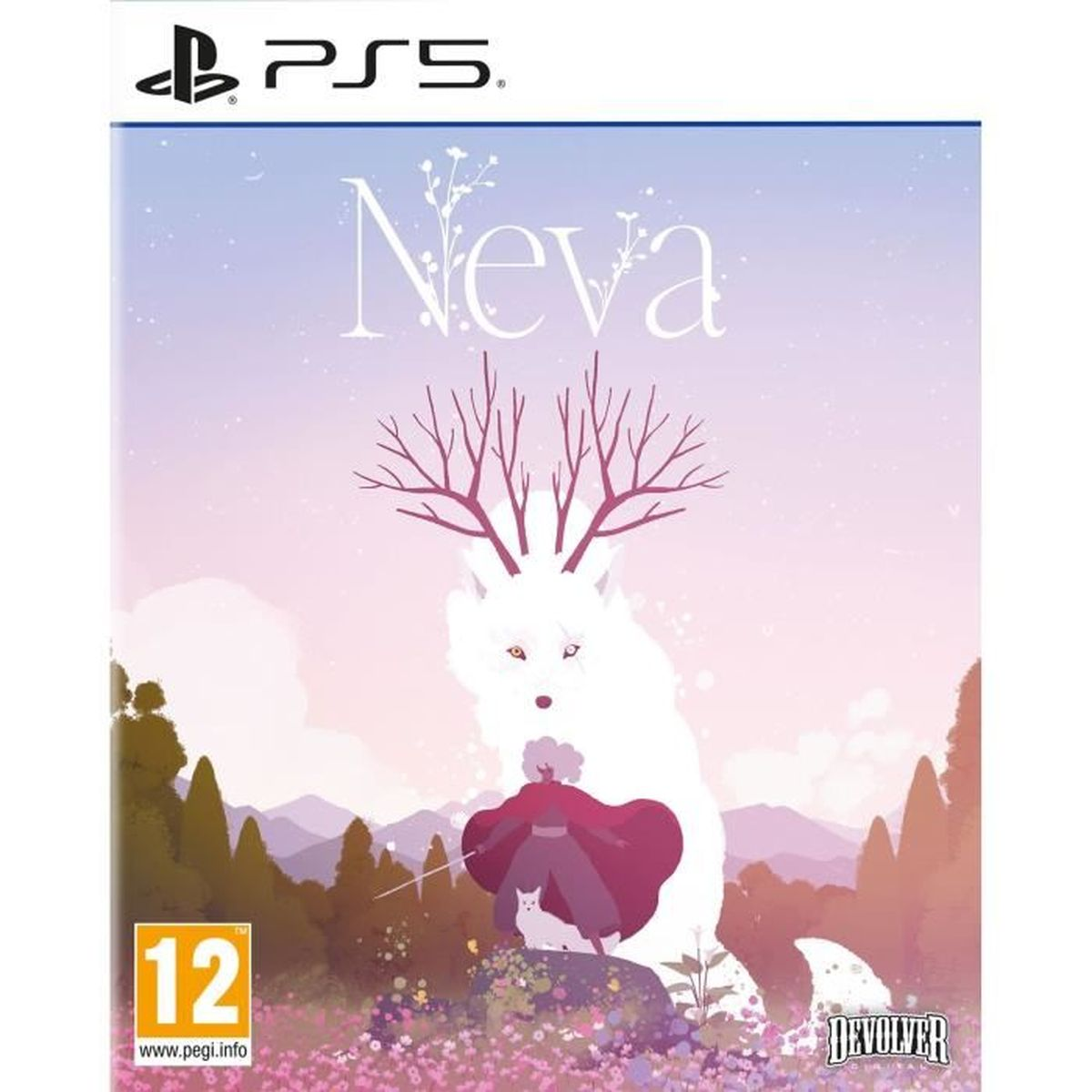 Copertina gioco PS5: Creatura bianca con corna, bambino mantello rosso, gatto, fiori.
