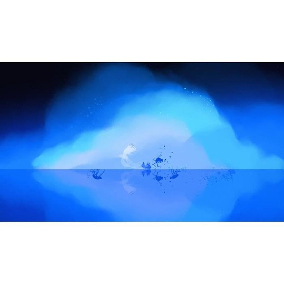 Nuvola blu astratta su acqua scura con sagome di meduse.