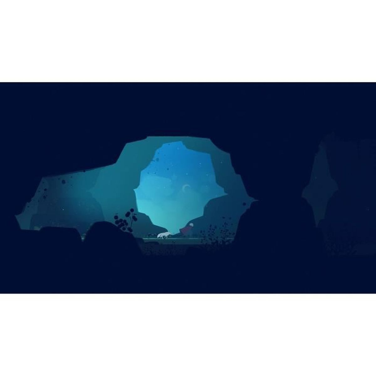 Una figura bianca e un cane attraversano una grotta verso un cielo stellato.