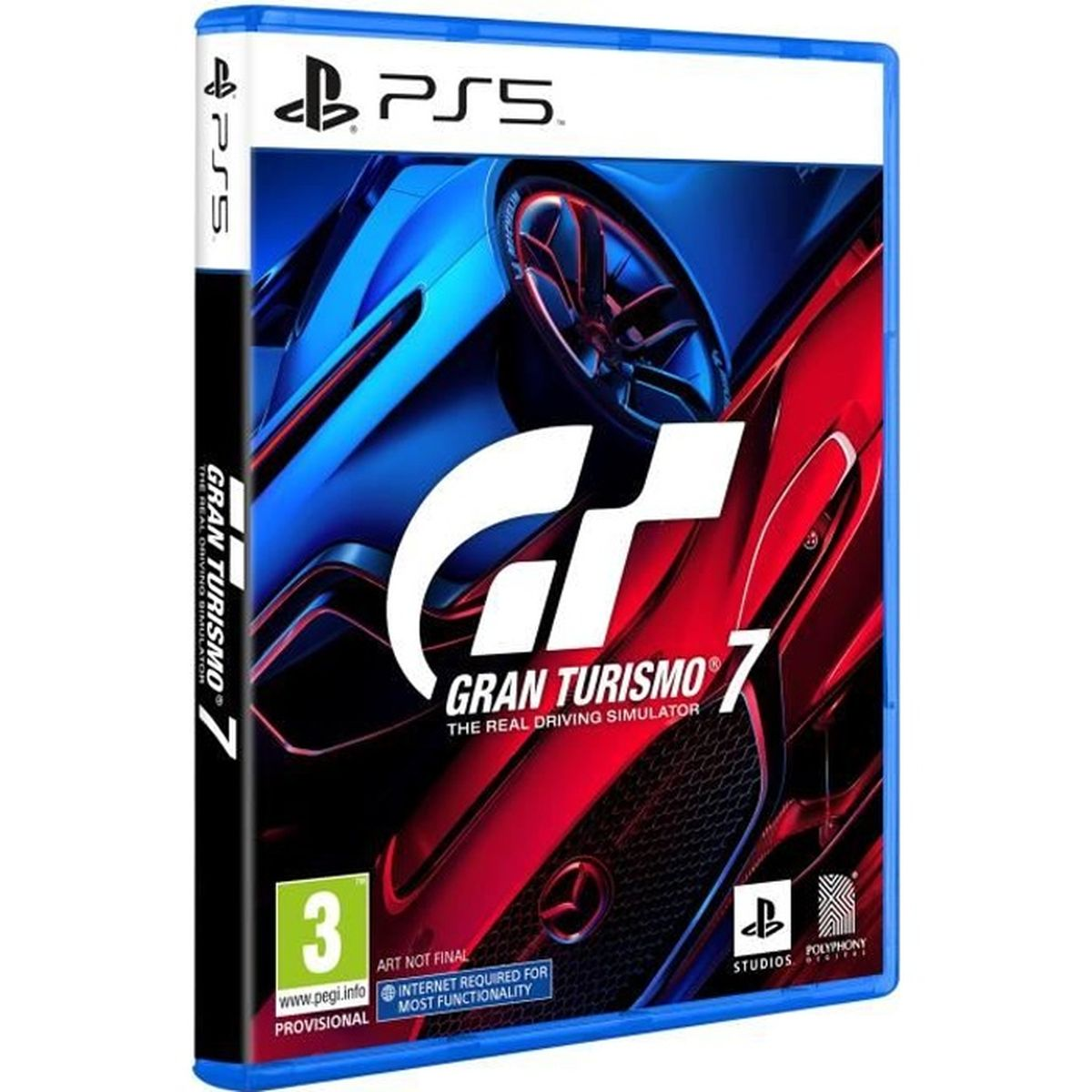 Custodia del gioco Gran Turismo 7 PS5 con arte dell'auto e classificazione PEGI.