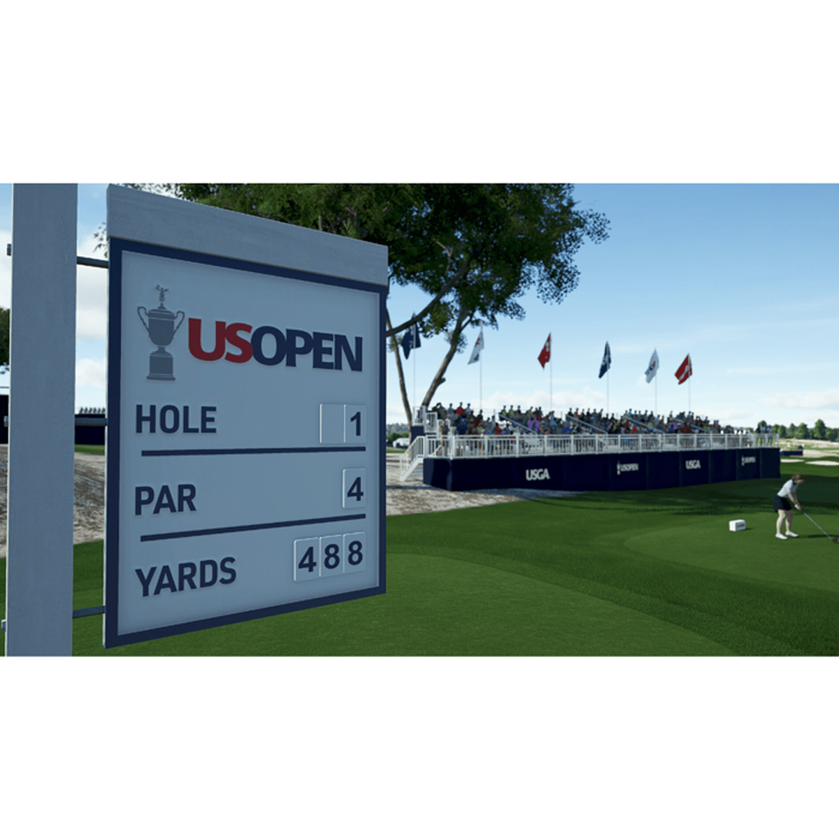 Wyniki US Open Golf: Dołek 1, Par 4, Jarda 488. Widzowie w tle.