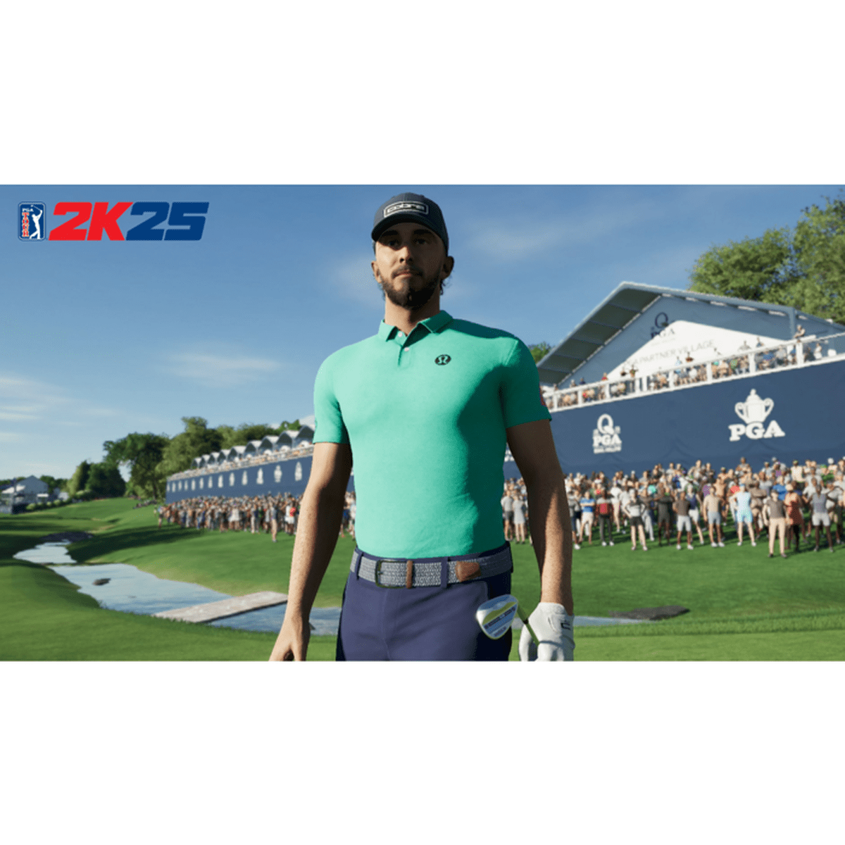 Golfista w zielonej koszulce, niebieskich spodniach i czapce na polu golfowym.