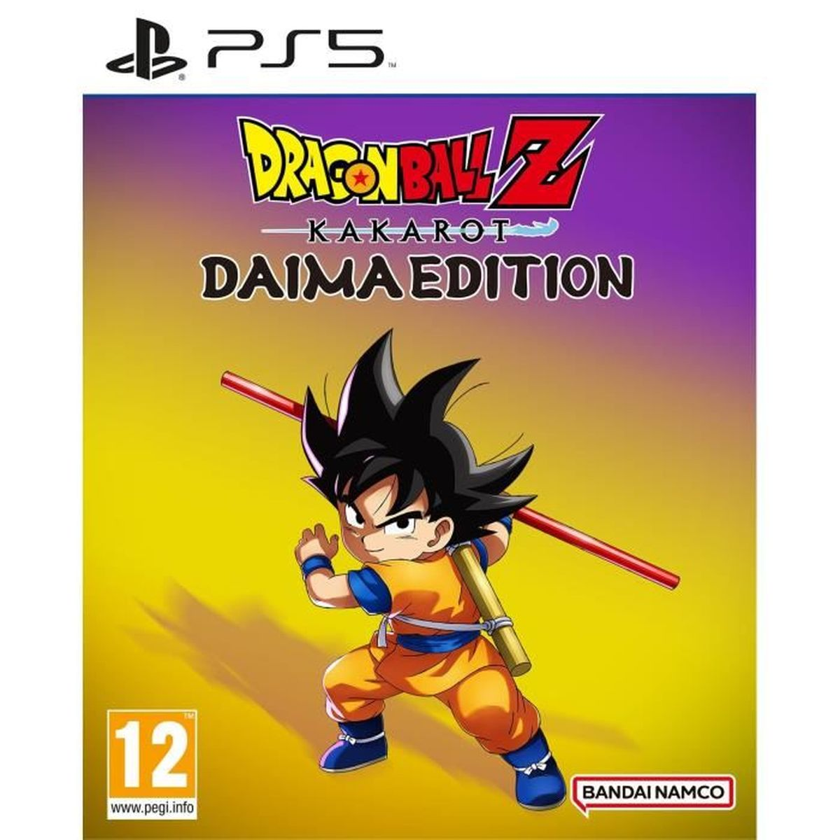 Copertina PS5 Dragon Ball Z Kakarot Daima Edition con piccolo Goku con bastone, sfondo giallo.