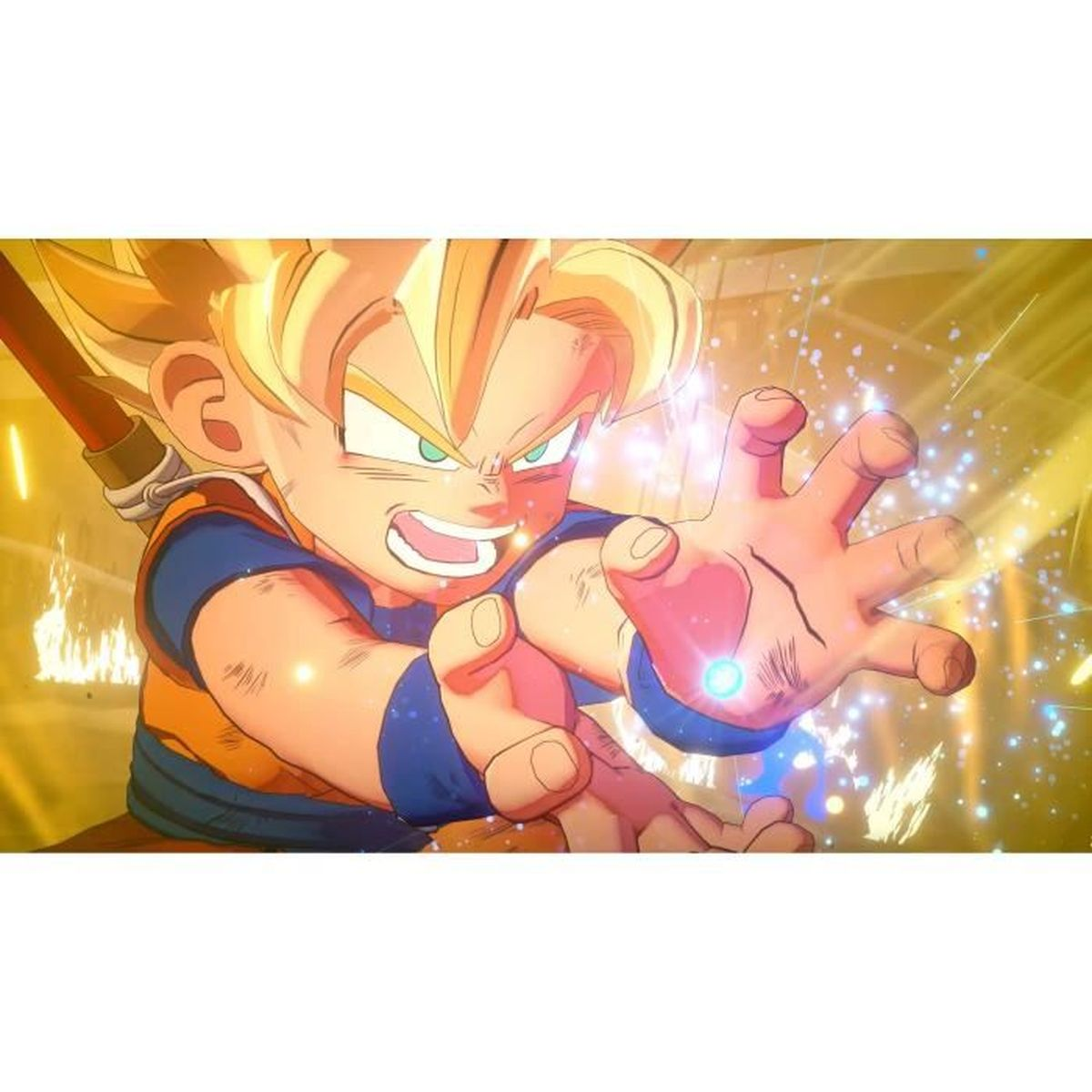 Ragazzo anime con capelli biondi a punta, occhi verdi, outfit arancione e blu, carica energia.