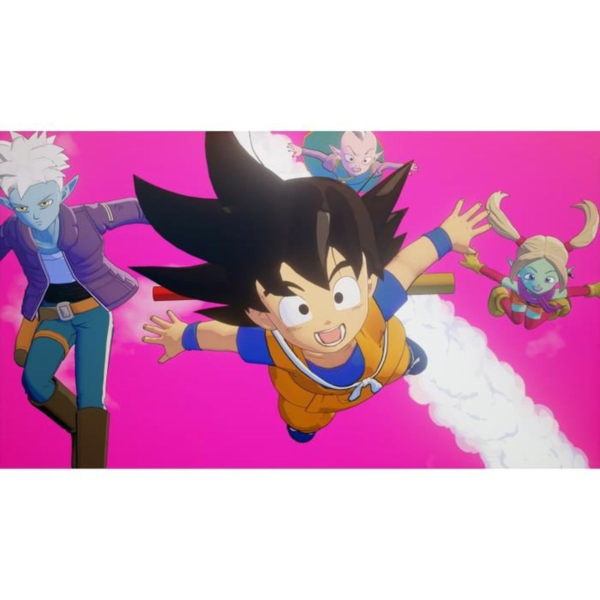 Goku vola con gli amici su sfondo rosa.