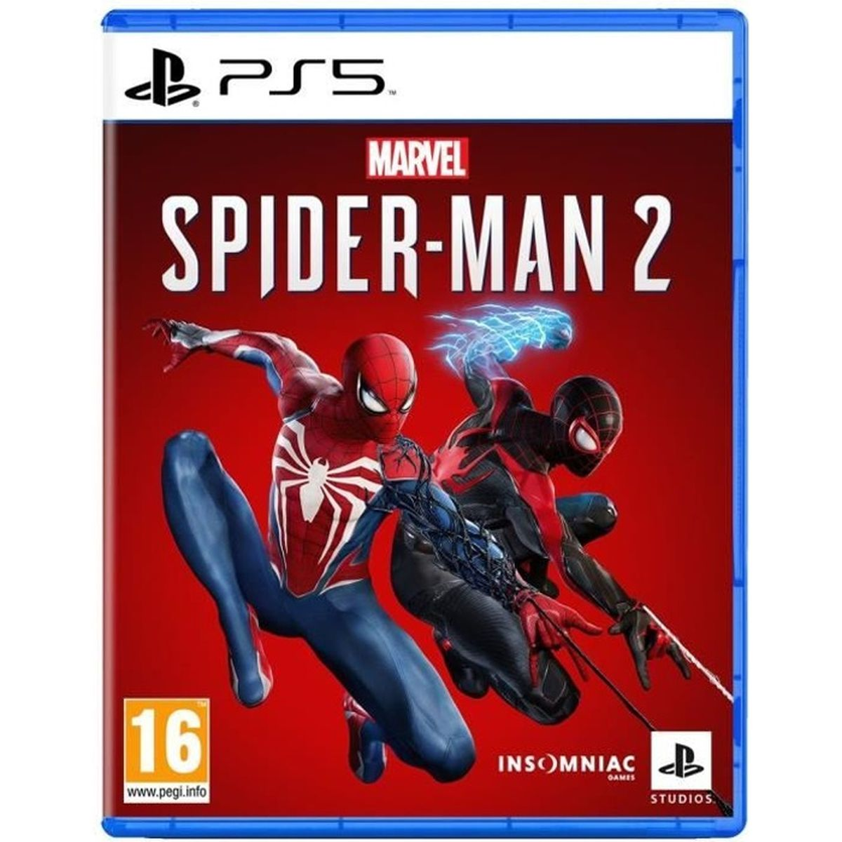 Spider-Man e Miles Morales su sfondo rosso, copertina gioco PS5.