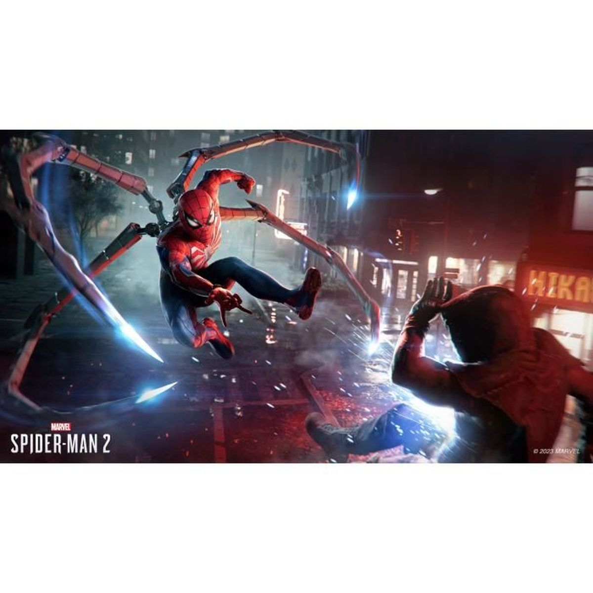 Spider-Man con braccia meccaniche combatte in una città di notte.