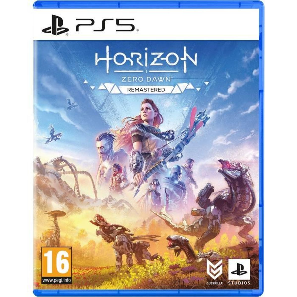 Copertina PS5 Horizon Zero Dawn Remastered: Aloy con arco, macchine e personaggi.