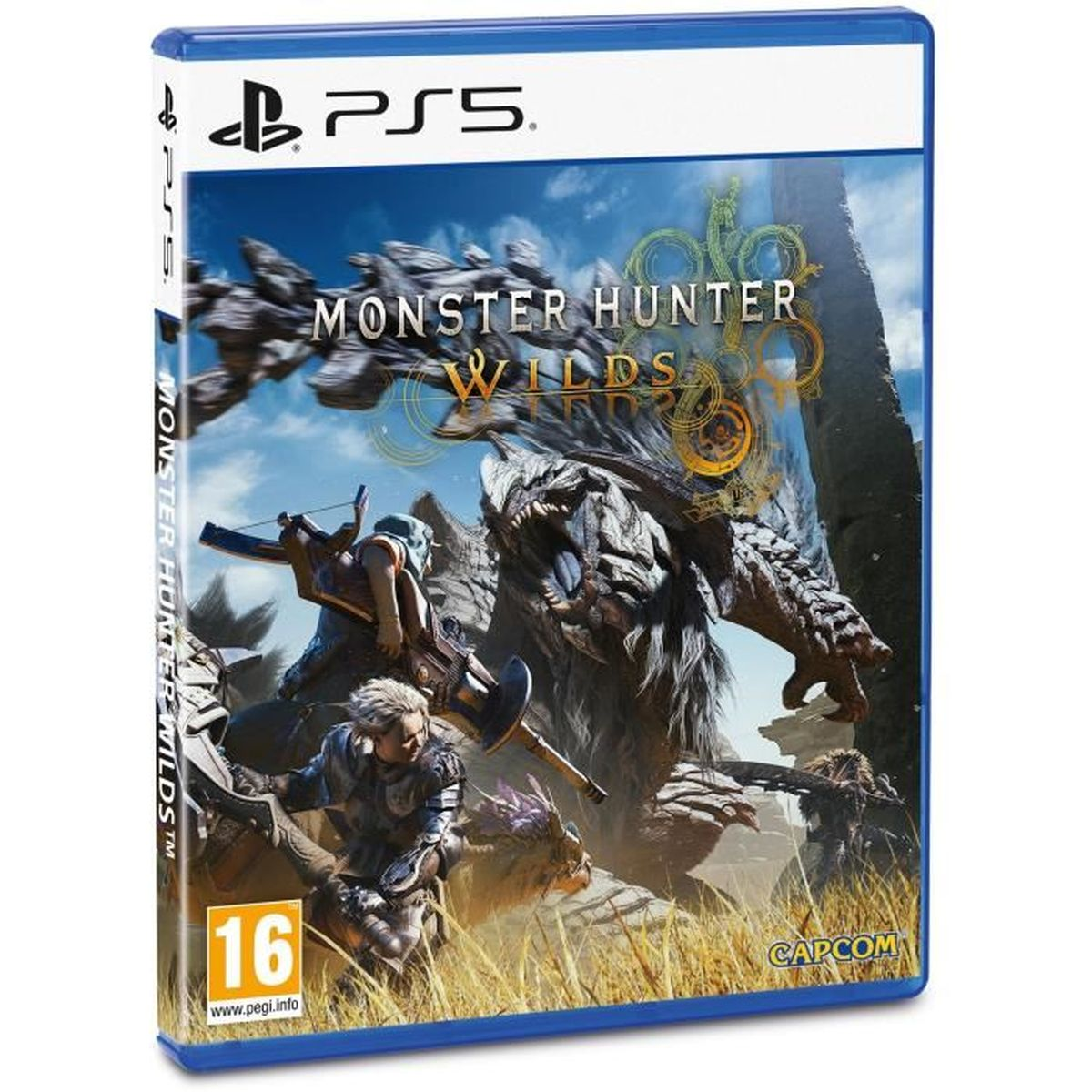 Copertina gioco PS5 Monster Hunter Wilds con cacciatori e un mostro.