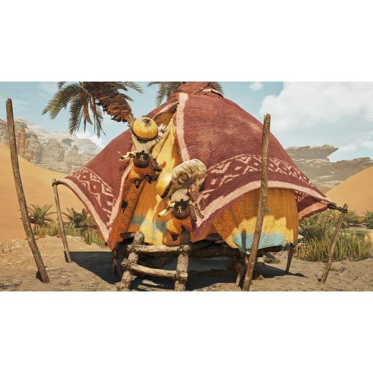 Una colorata tenda nel deserto con palme e rocce sullo sfondo.