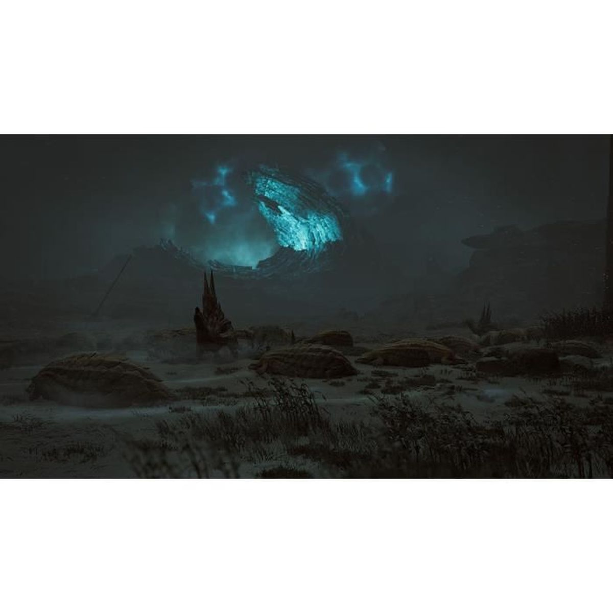 Un paesaggio scuro e nebbioso con un portale blu luminoso sullo sfondo.