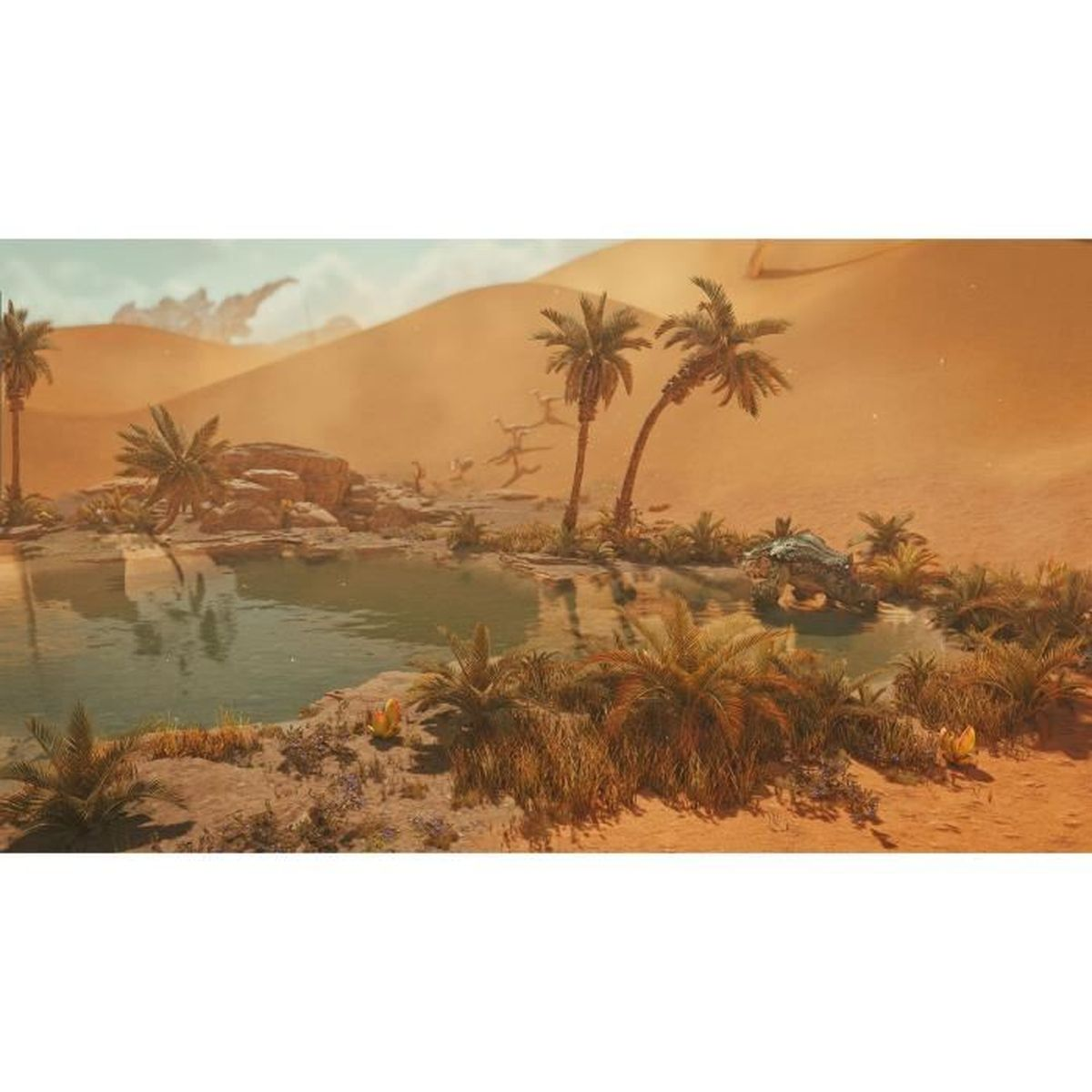 Oasi con palme, dune desertiche e un rettile nell'acqua.