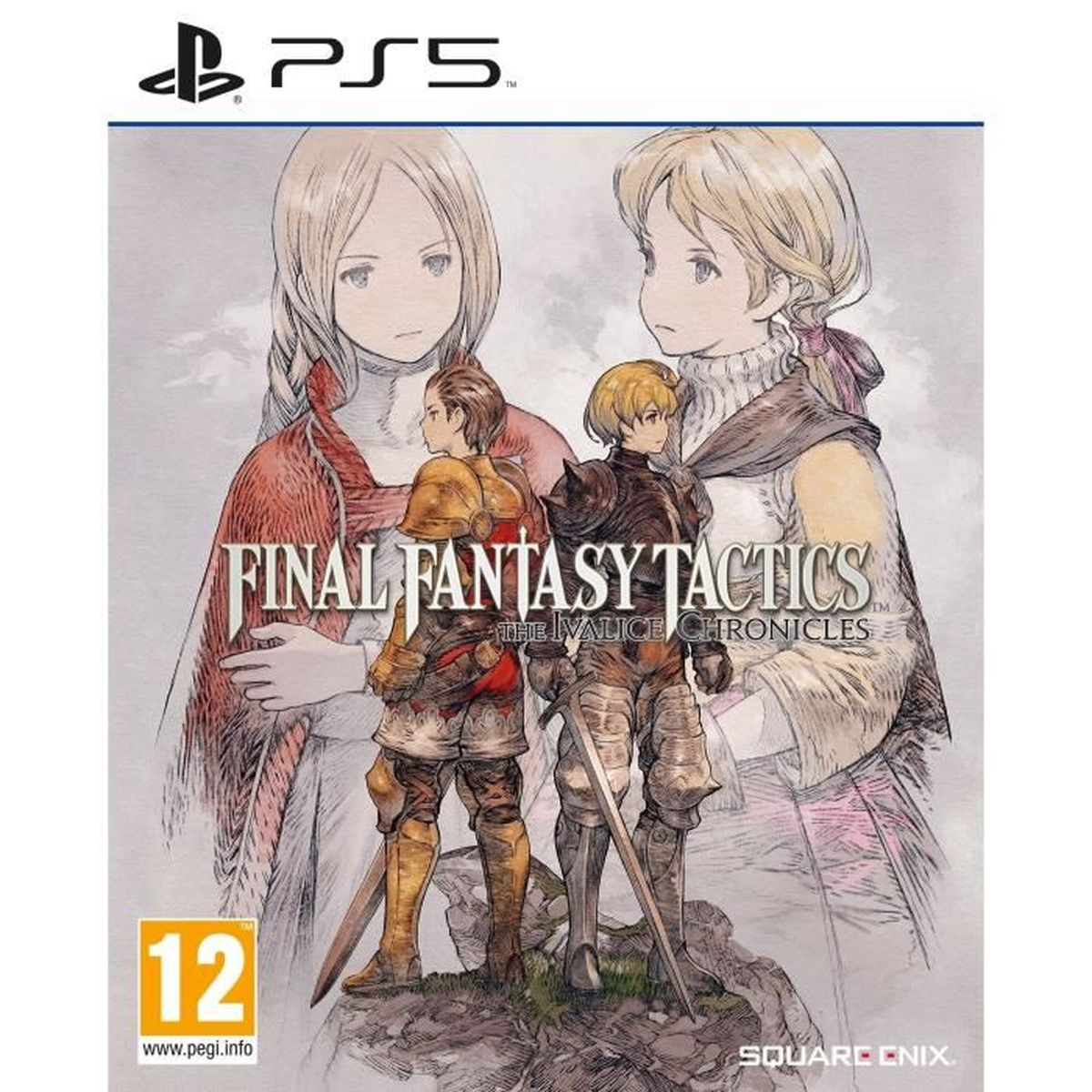 Copertina gioco PS5: Final Fantasy Tactics con due cavalieri e due donne sullo sfondo.