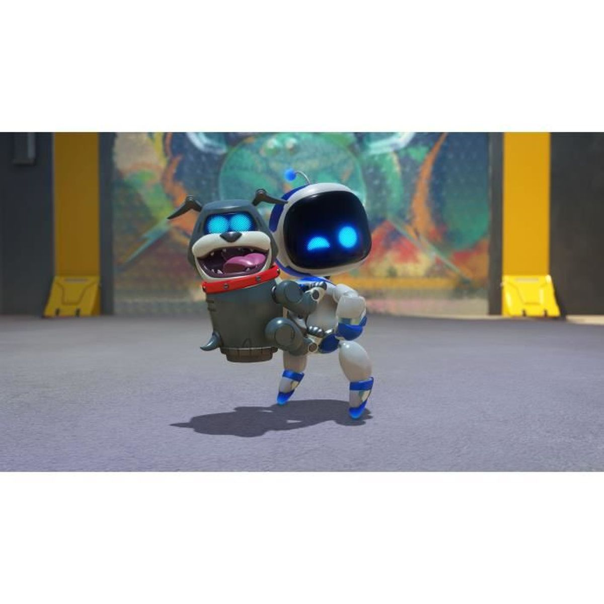Robot z niebieskimi oczami niesie psa w czerwonej obroży.