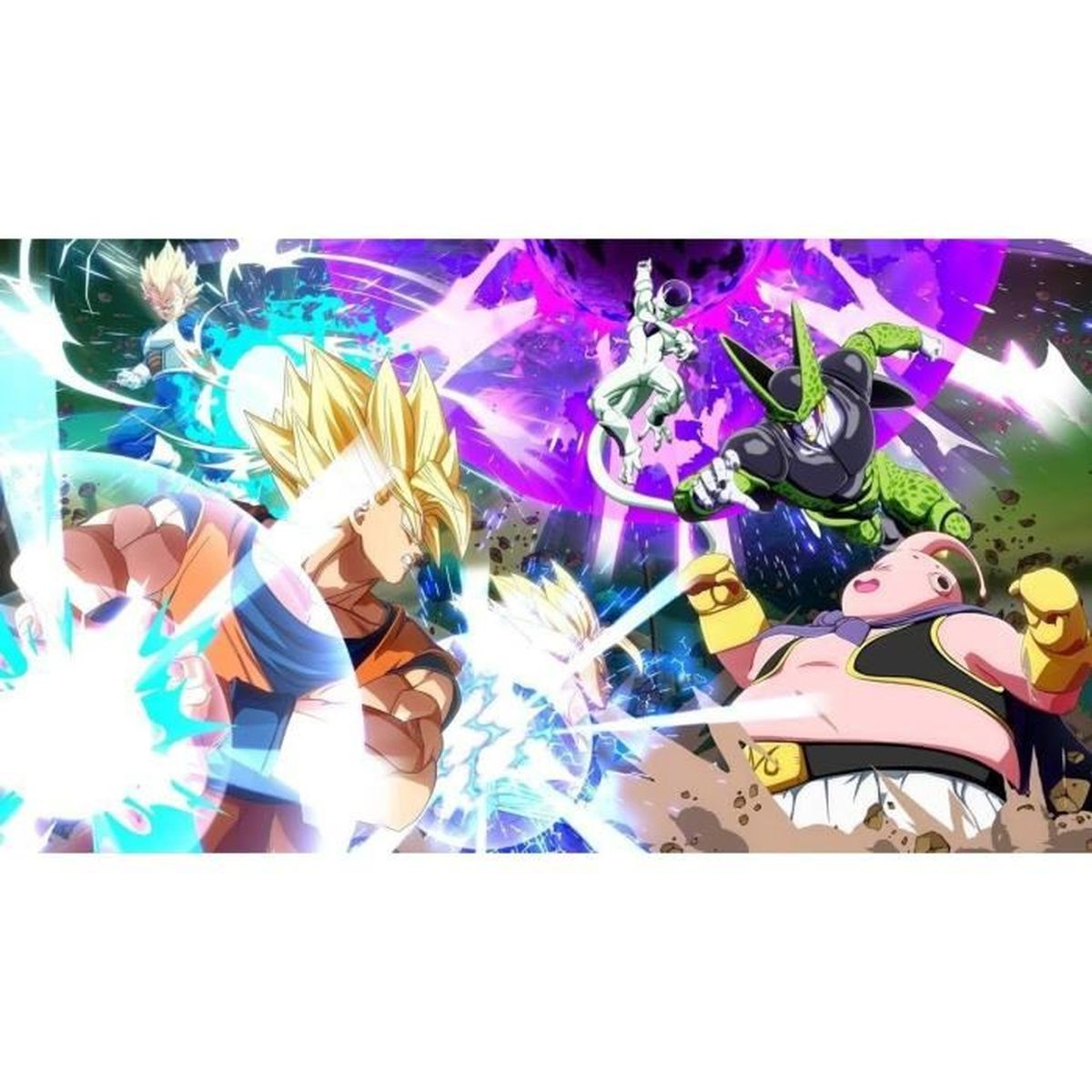 Goku, Vegeta, Cell, Frieza e Majin Buu combattono con effetti energetici.