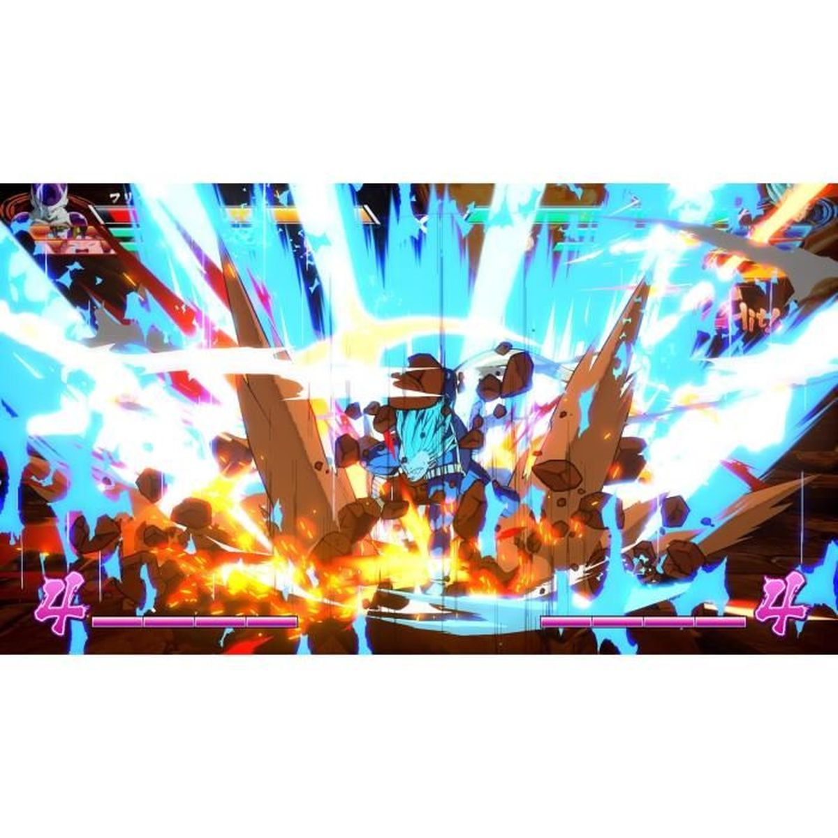 Un personaggio anime blu attacca, circondato da rocce che esplodono e scariche di energia blu.