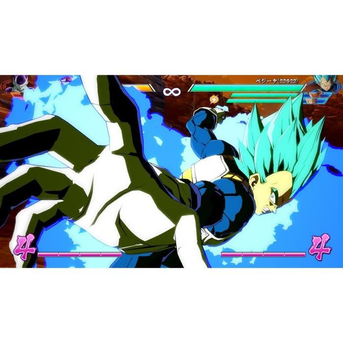 Vegeta in forma blu con capelli turchesi che combatte in aria.