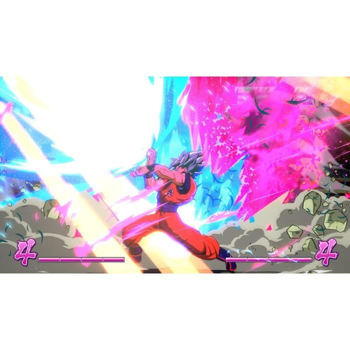 Goku in arancione, esplosione di energia blu e rosa, gioca a un picchiaduro.