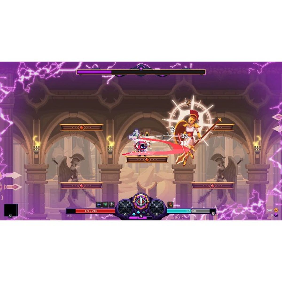 Due personaggi combattono in un gioco 2D con fulmini viola e archi.