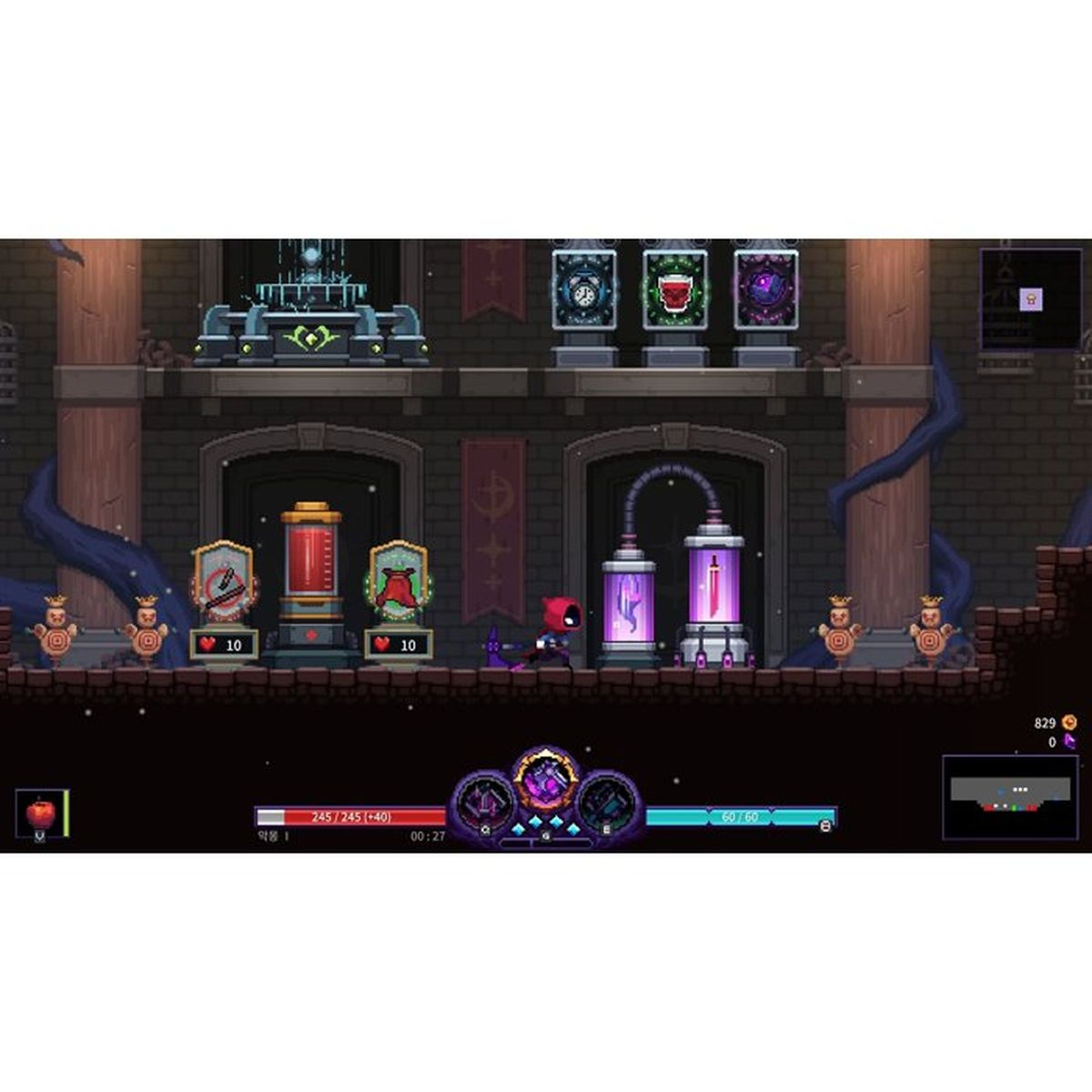 Scena di gioco pixel art con un personaggio rosso che corre davanti a un laboratorio con vasche di liquido viola e armi.