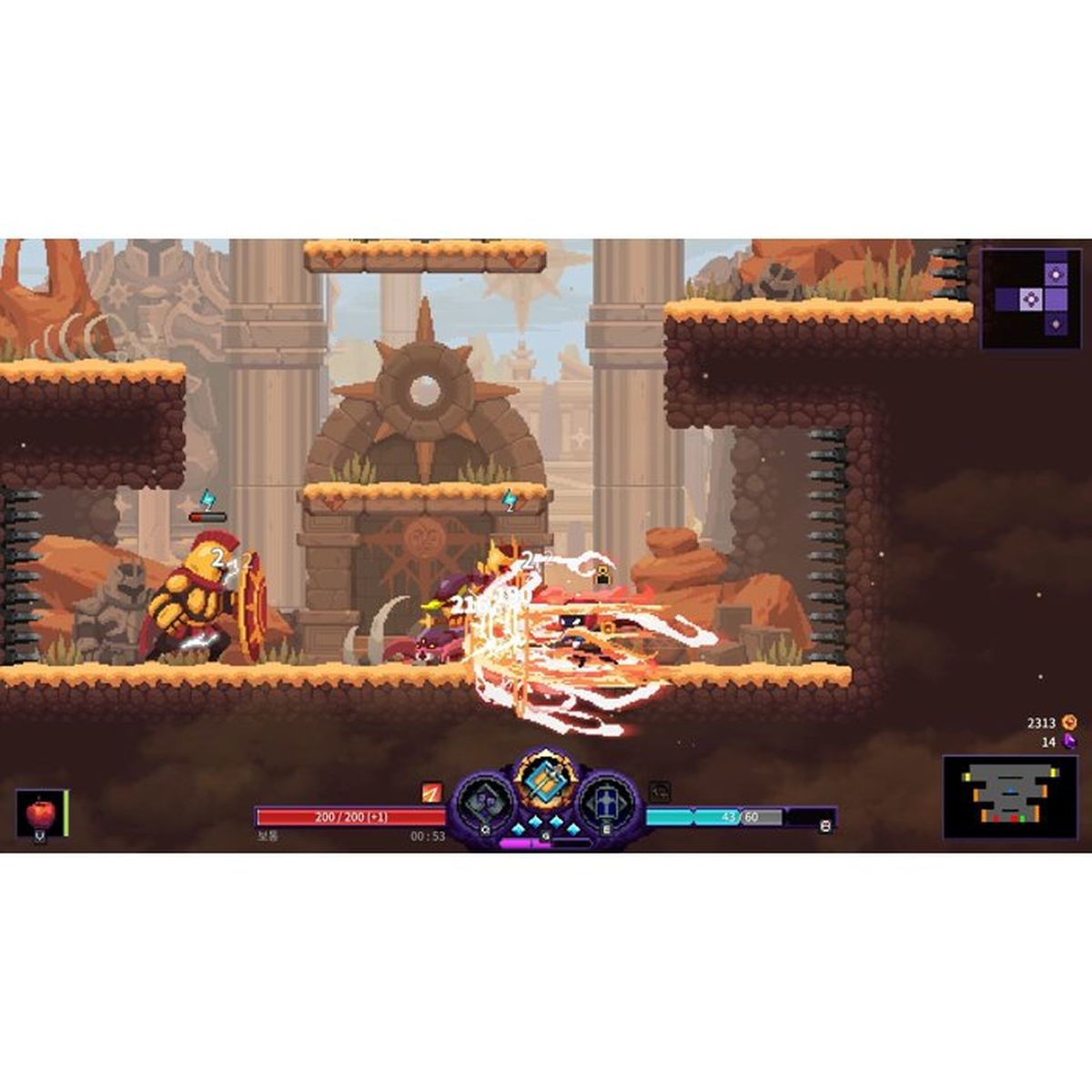 Un platform 2D pixelato con due personaggi che combattono in un mondo antico e in rovina.