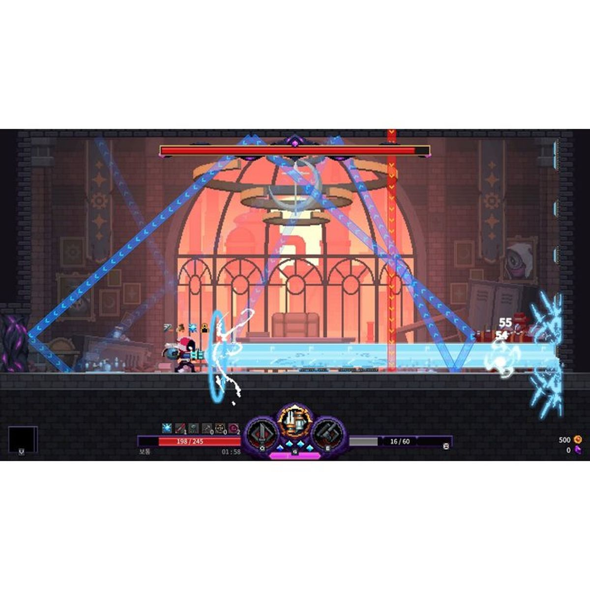 Un personaggio pixelato combatte in una stanza con una grande vetrata.