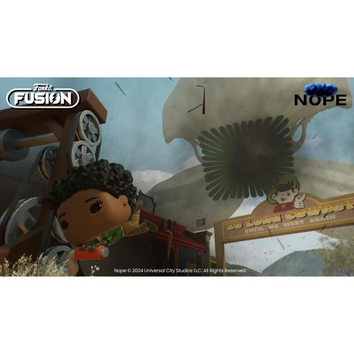 Postać Funko Pop leci przed gigantycznym UFO, z logotypami NOPE i Funko Fusion.