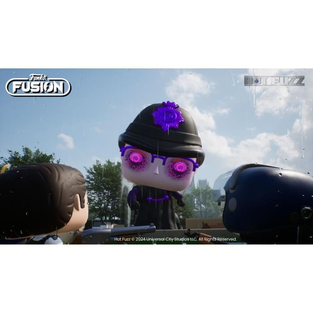 Policjant Funko Pop! z fioletowymi oczami i kapeluszem patrzy na inną postać.