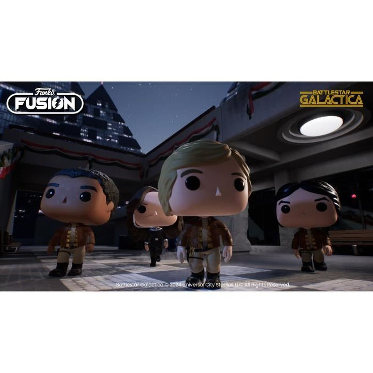 Cztery figurki Funko Pop z Battlestar Galactica stoją na zewnątrz.