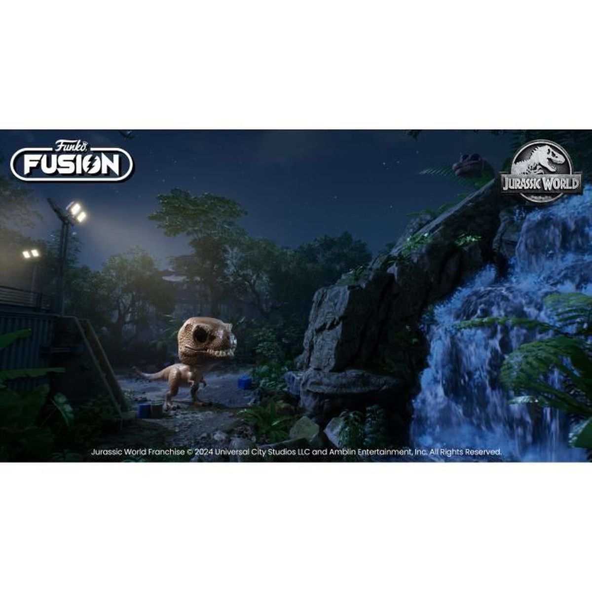 Mały T-Rex stoi w dżungli obok wodospadu. Logo Funko Fusion.