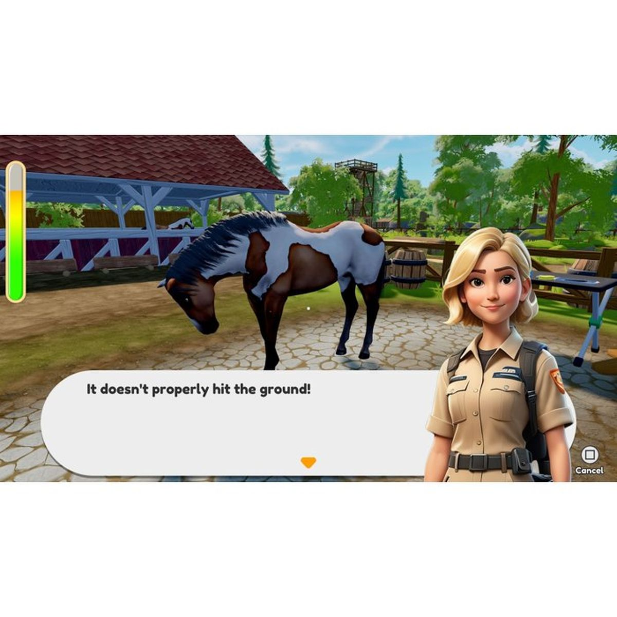 Un cavallo dei cartoni animati con macchie marroni e bianche si trova vicino a una donna bionda in uniforme.
