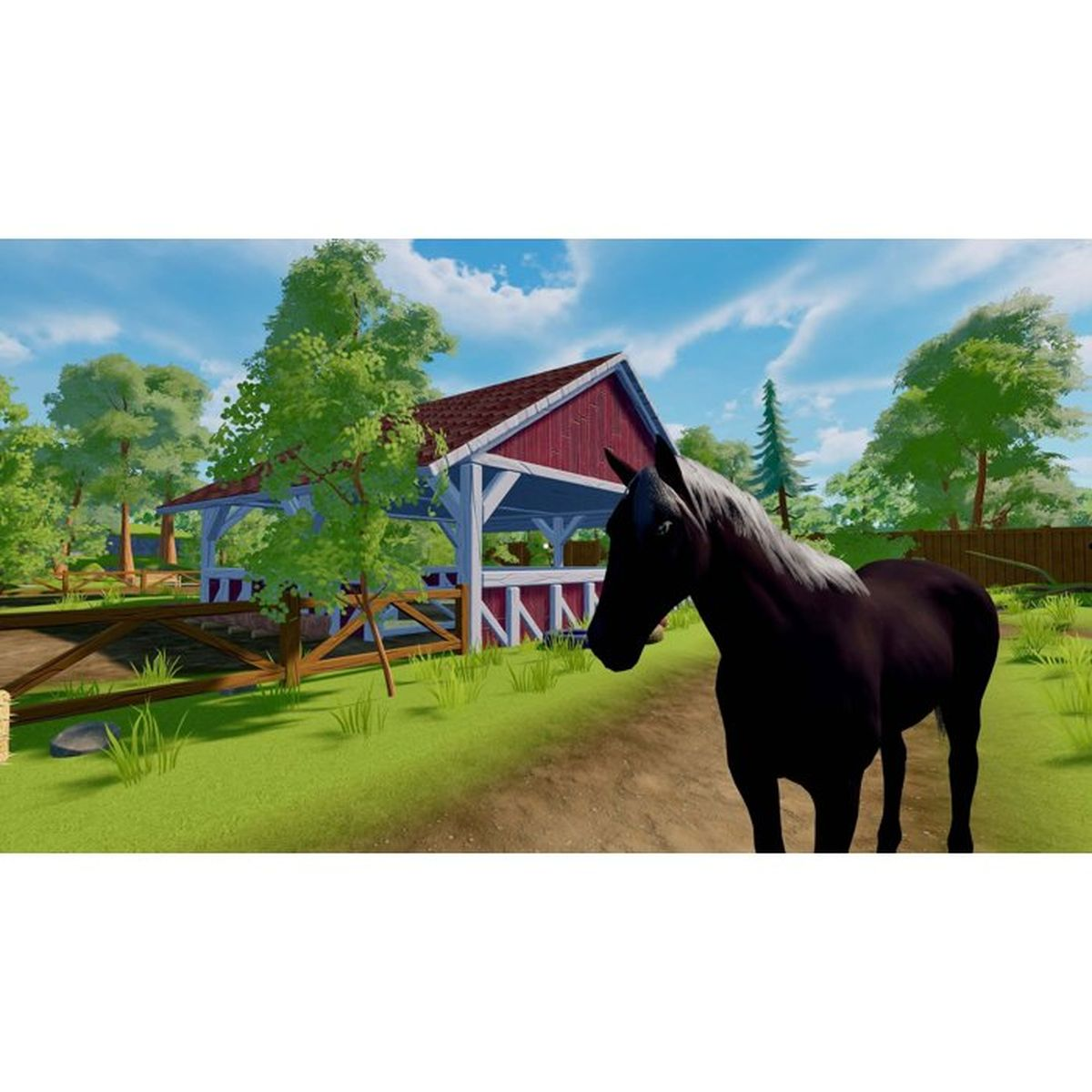 Un cavallo nero davanti a un fienile all'aperto.
