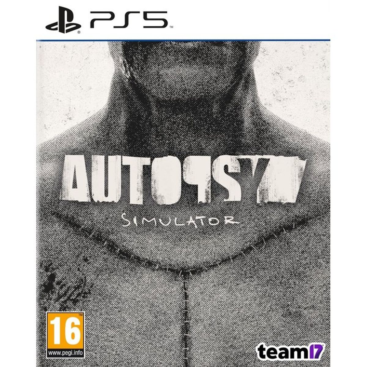 Copertina del gioco Autopsy Simulator PS5 con torso cucito e classificazione PEGI 16.